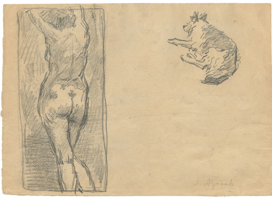 Аронов Лев Ильич. Двухсторонний лист с набросками собаки Майк и обнаженной со спины